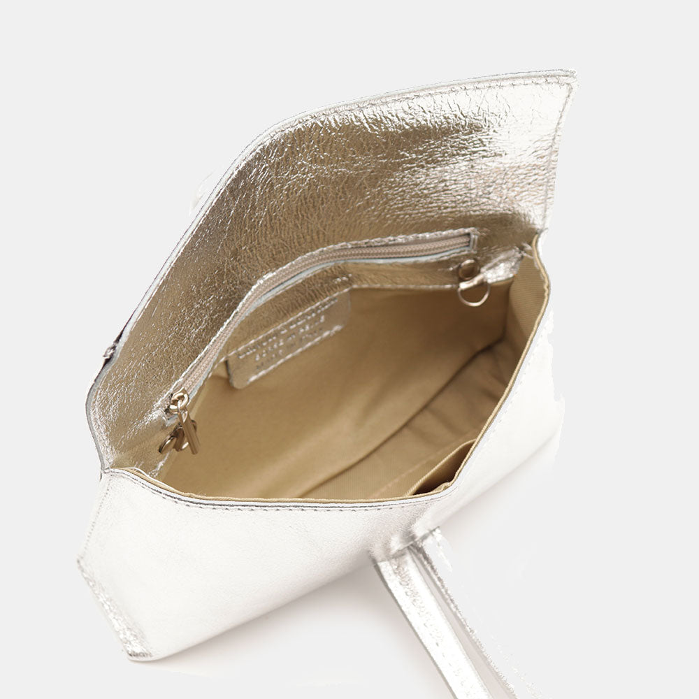 Borsa Clutch a Mano con Tracolla VIAVERDI in Pelle Argento Made in Italy linea Castiglione
