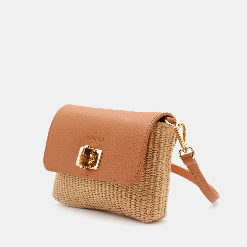 Borsa Clutch a Spalla VIAVERDI in Rafia e Pelle Color Cuoio Made in Italy linea Volterra