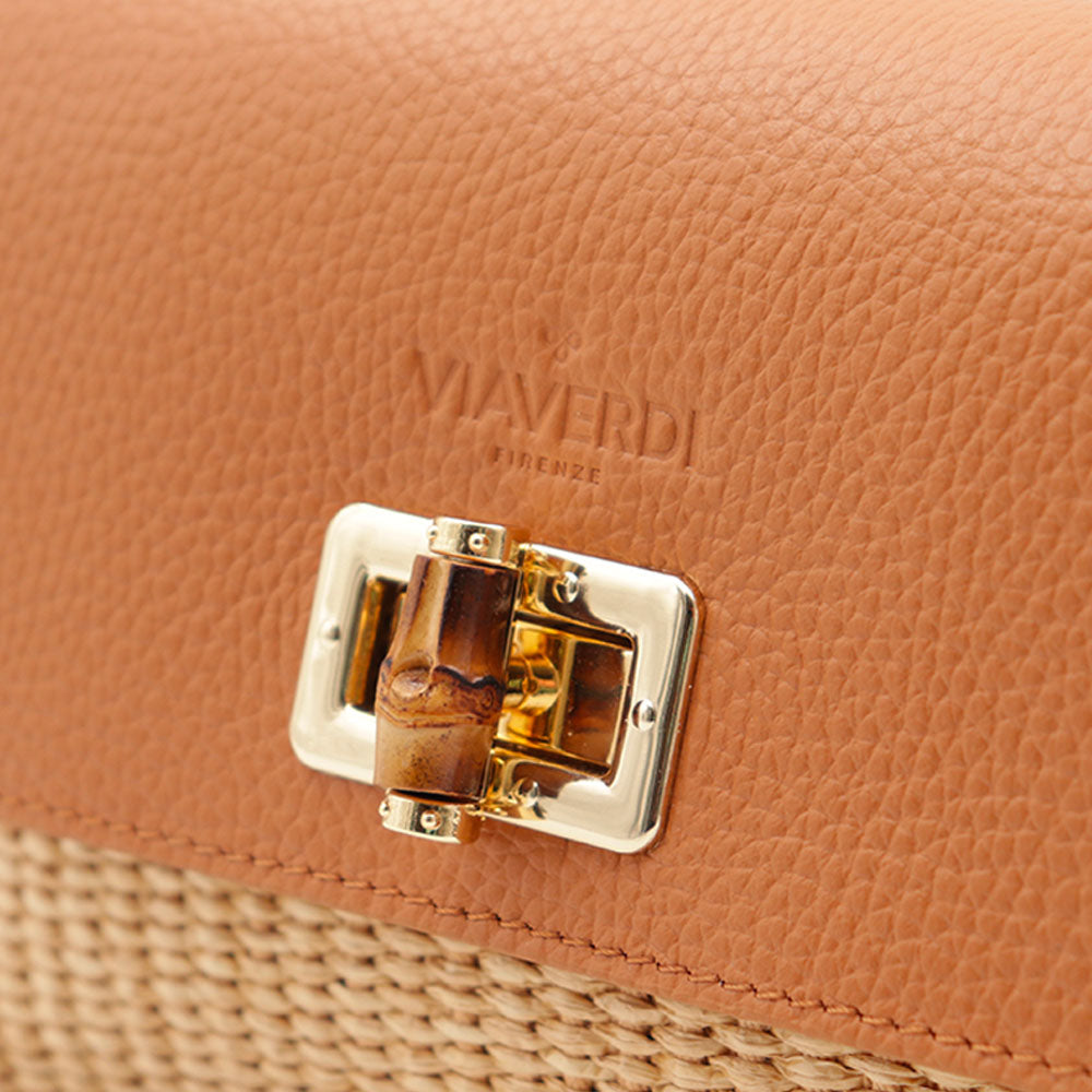 Borsa Clutch a Spalla VIAVERDI in Rafia e Pelle Color Cuoio Made in Italy linea Volterra