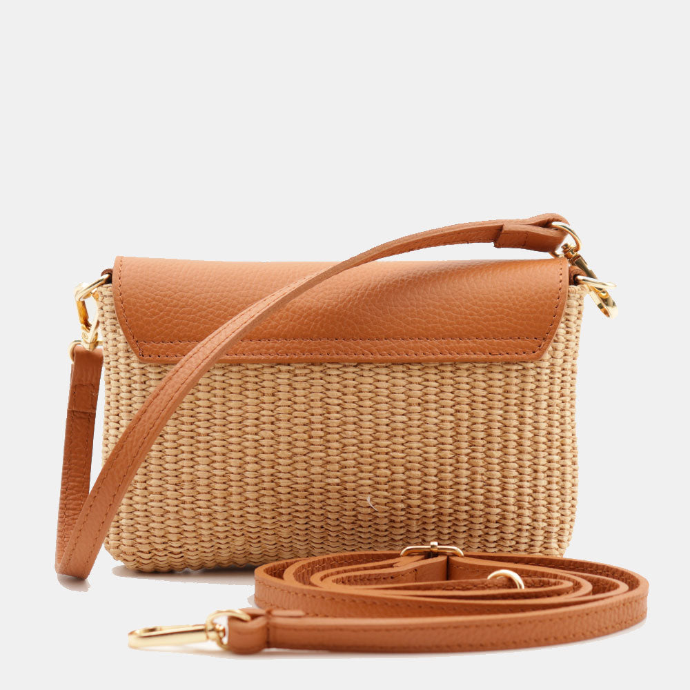 Borsa Clutch a Spalla VIAVERDI in Rafia e Pelle Color Cuoio Made in Italy linea Volterra