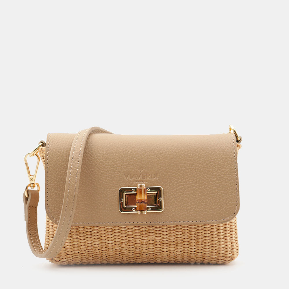 Borsa Clutch a Spalla VIAVERDI in Rafia e Pelle Taupe Made in Italy linea Volterra