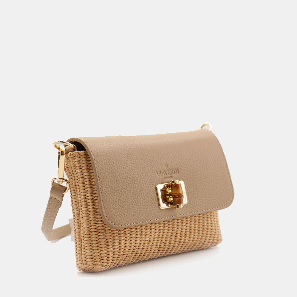 Borsa Clutch a Spalla VIAVERDI in Rafia e Pelle Taupe Made in Italy linea Volterra