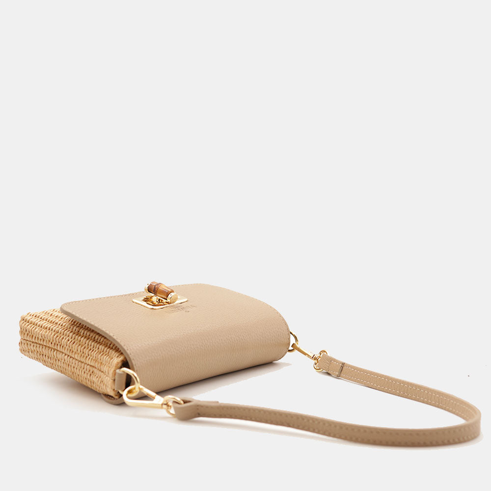 Borsa Clutch a Spalla VIAVERDI in Rafia e Pelle Taupe Made in Italy linea Volterra