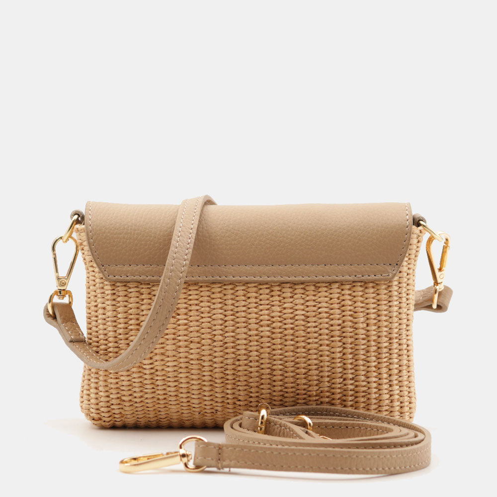 Borsa Clutch a Spalla VIAVERDI in Rafia e Pelle Taupe Made in Italy linea Volterra