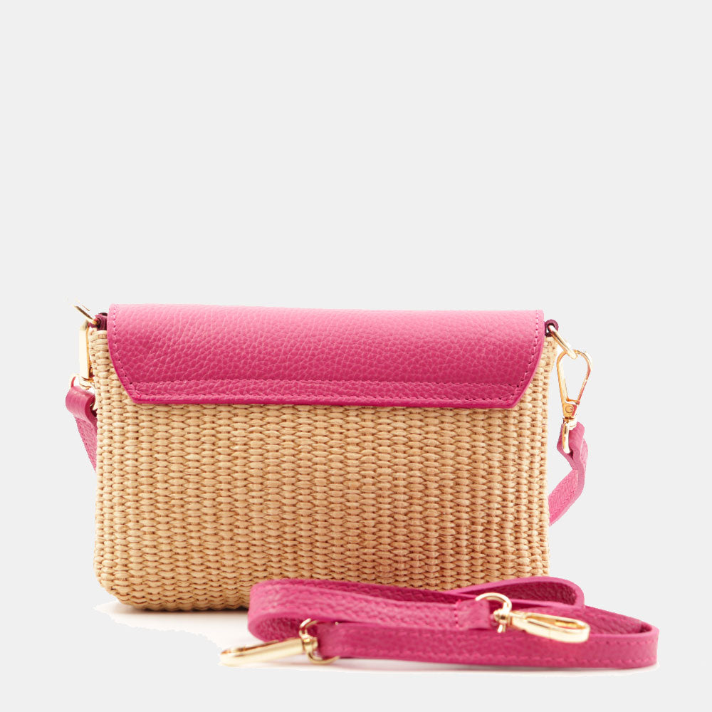 Borsa Clutch a Spalla VIAVERDI in Rafia e Pelle Fucsia Made in Italy linea Volterra