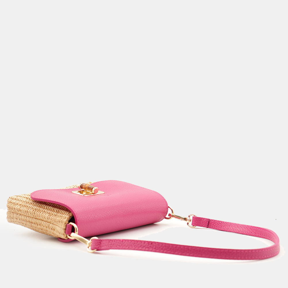 Borsa Clutch a Spalla VIAVERDI in Rafia e Pelle Fucsia Made in Italy linea Volterra