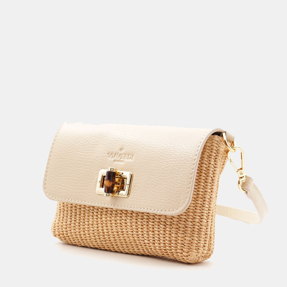 Borsa Clutch a Spalla VIAVERDI in Rafia e Pelle Avorio Made in Italy linea Volterra