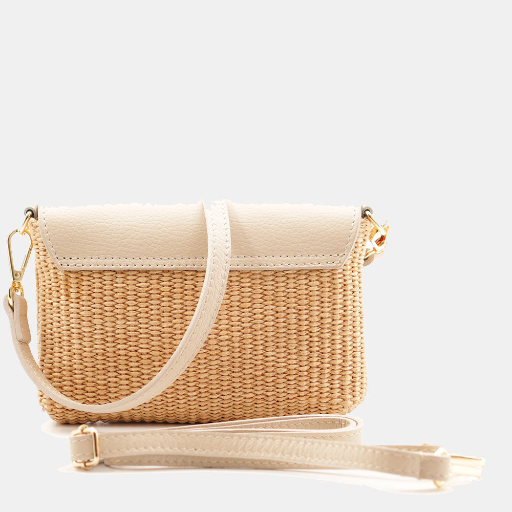 Borsa Clutch a Spalla VIAVERDI in Rafia e Pelle Avorio Made in Italy linea Volterra