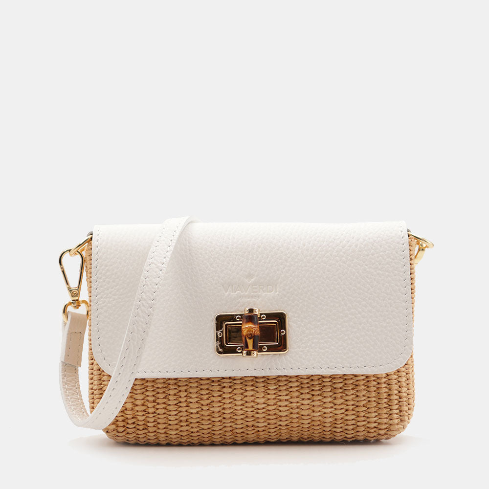Borsa Clutch a Spalla VIAVERDI in Rafia e Pelle Bianca Made in Italy linea Volterra
