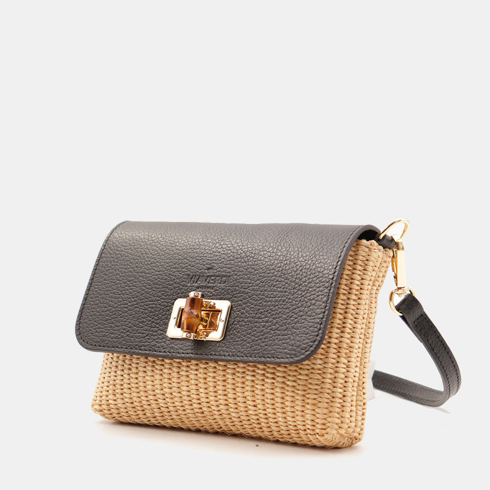 Borsa Clutch a Spalla VIAVERDI in Rafia e Pelle Nera Made in Italy linea Volterra