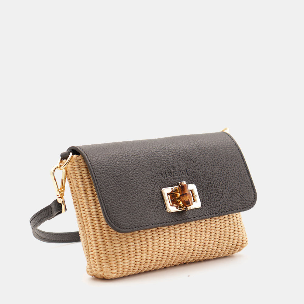 Borsa Clutch a Spalla VIAVERDI in Rafia e Pelle Nera Made in Italy linea Volterra