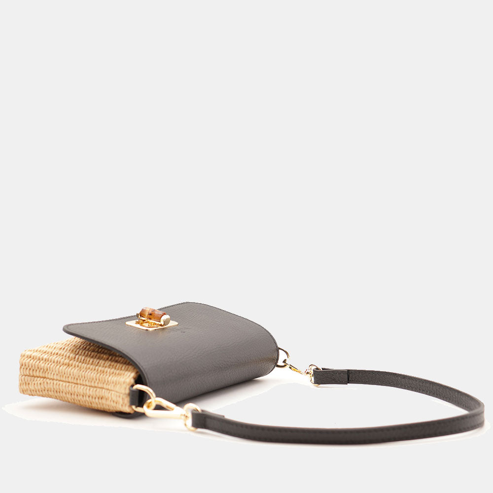 Borsa Clutch a Spalla VIAVERDI in Rafia e Pelle Nera Made in Italy linea Volterra