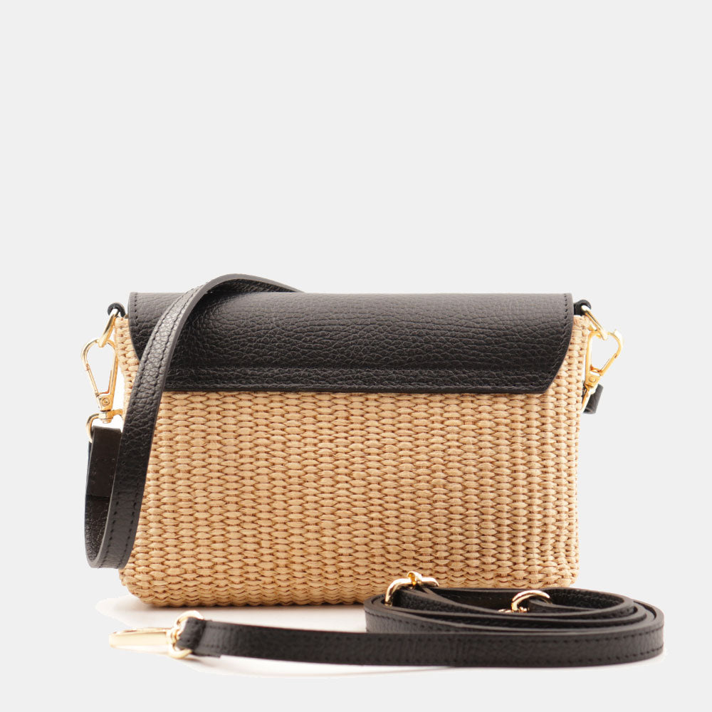 Borsa Clutch a Spalla VIAVERDI in Rafia e Pelle Nera Made in Italy linea Volterra