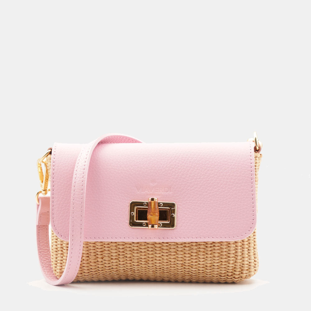 Borsa Clutch a Spalla VIAVERDI in Rafia e Pelle Rosa Made in Italy linea Volterra