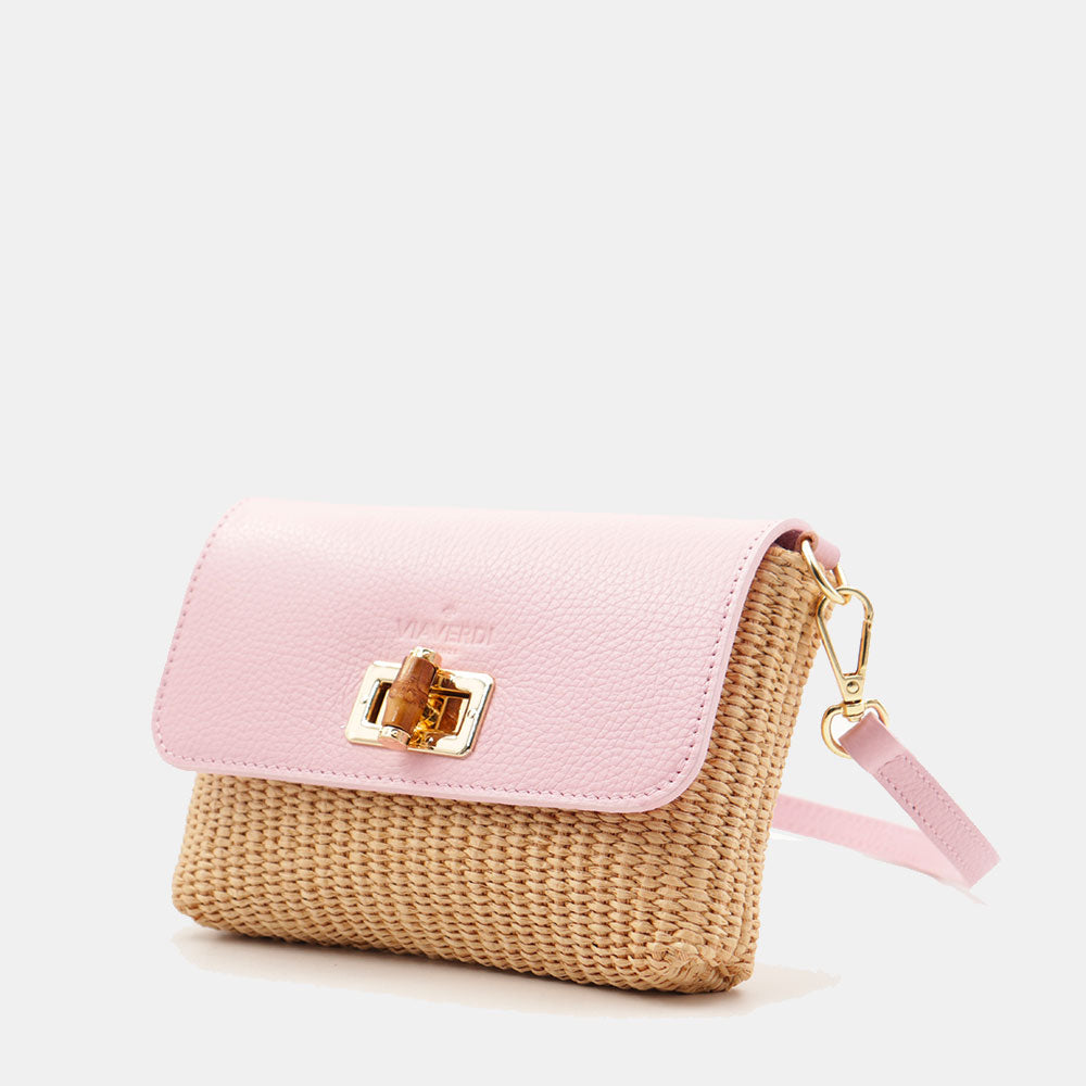 Borsa Clutch a Spalla VIAVERDI in Rafia e Pelle Rosa Made in Italy linea Volterra