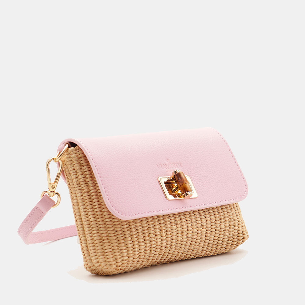 Borsa Clutch a Spalla VIAVERDI in Rafia e Pelle Rosa Made in Italy linea Volterra
