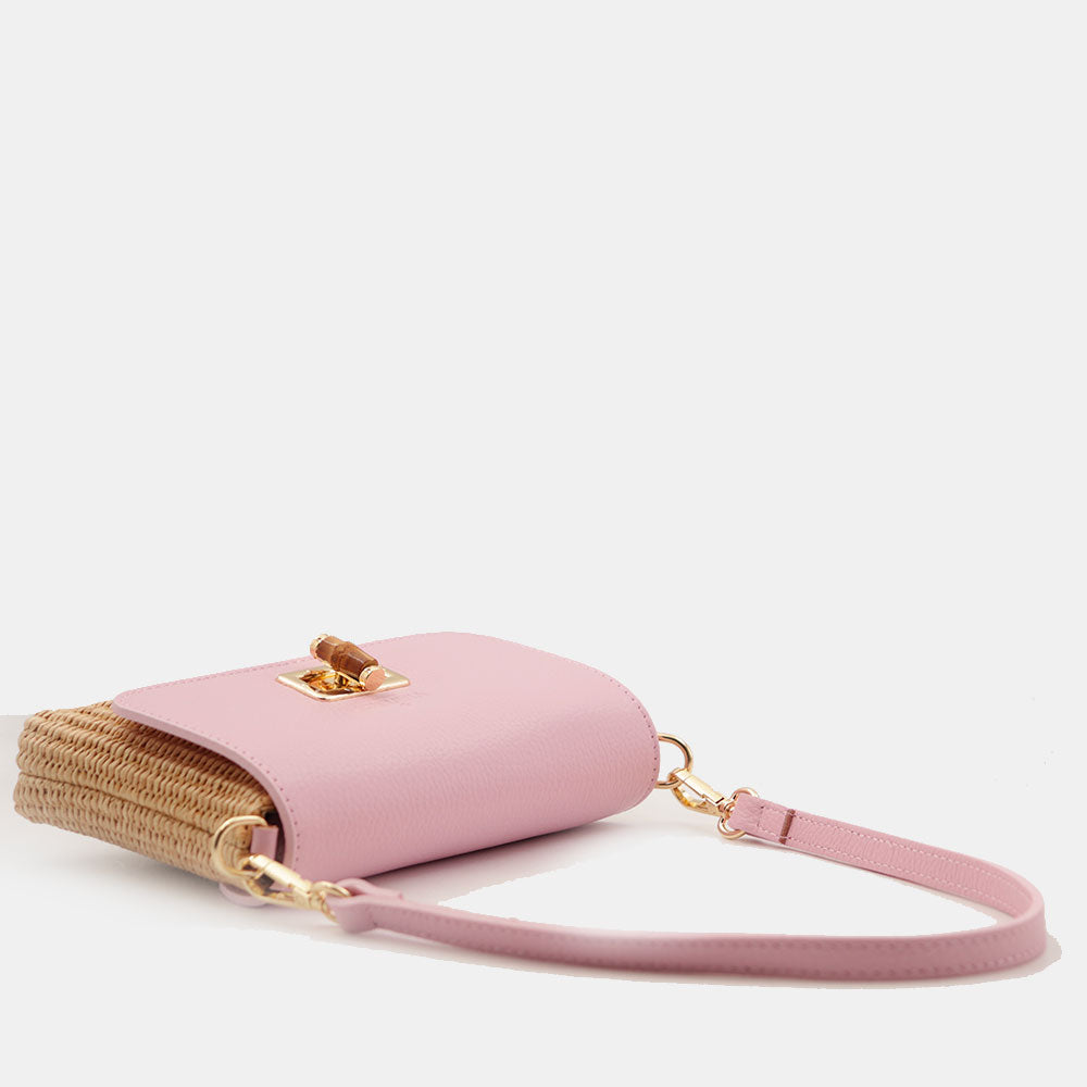 Borsa Clutch a Spalla VIAVERDI in Rafia e Pelle Rosa Made in Italy linea Volterra