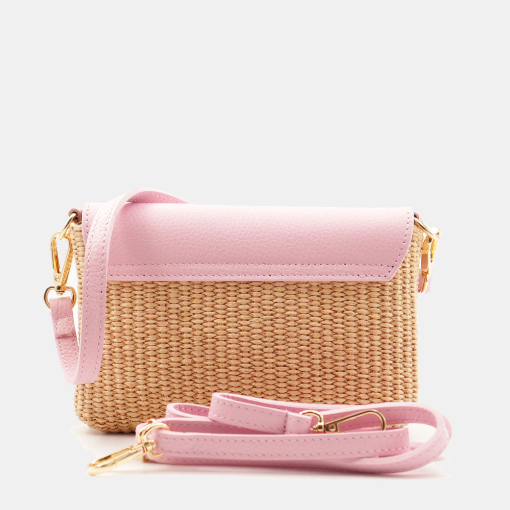 Borsa Clutch a Spalla VIAVERDI in Rafia e Pelle Rosa Made in Italy linea Volterra