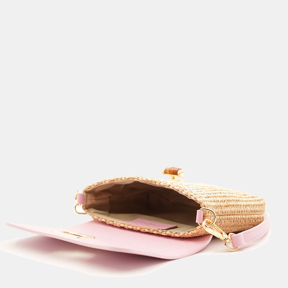 Borsa Clutch a Spalla VIAVERDI in Rafia e Pelle Rosa Made in Italy linea Volterra