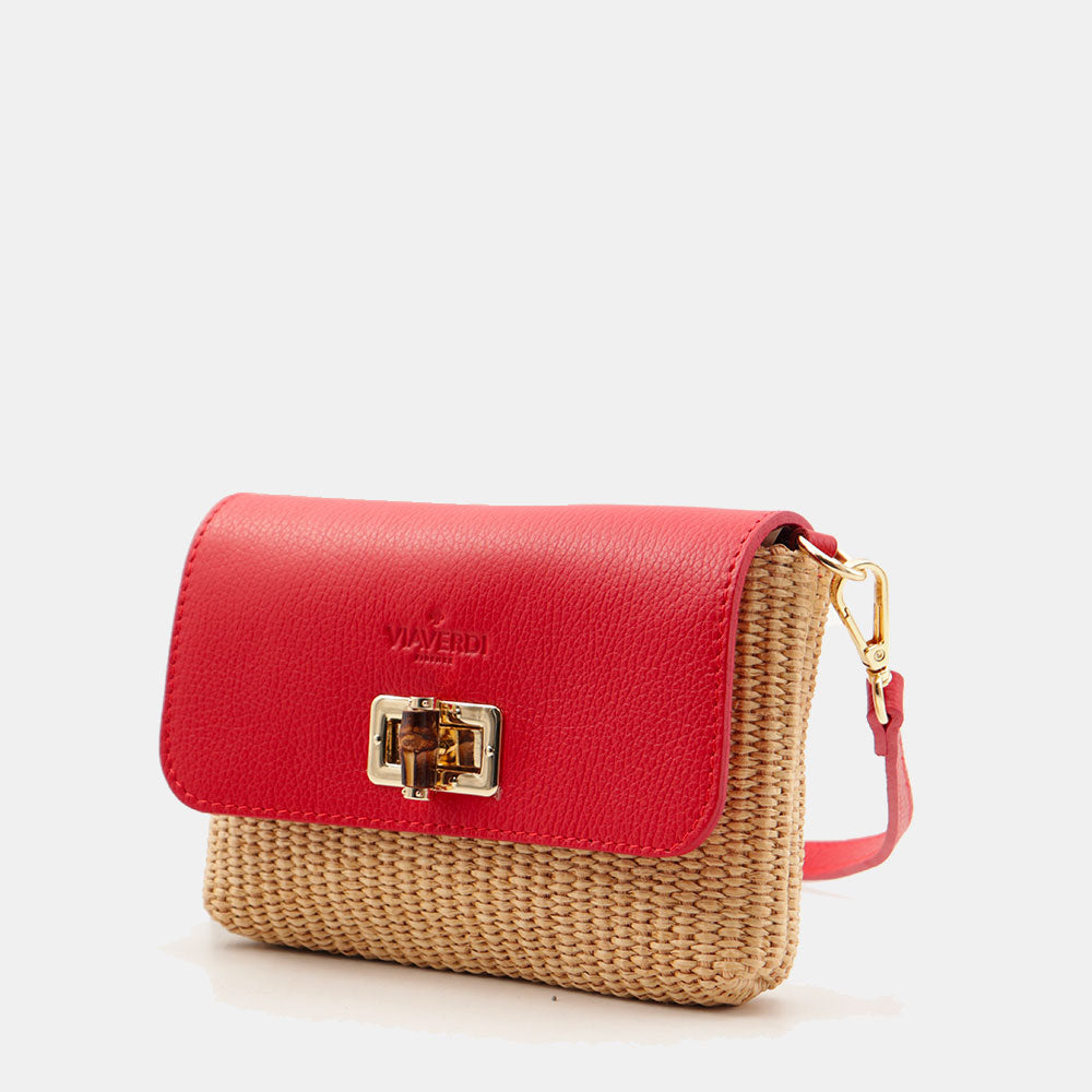 Borsa Clutch a Spalla VIAVERDI in Rafia e Pelle Rossa Made in Italy linea Volterra