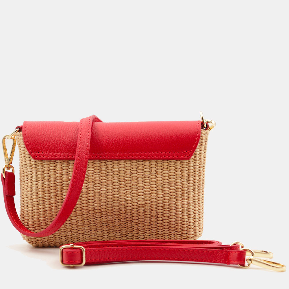 Borsa Clutch a Spalla VIAVERDI in Rafia e Pelle Rossa Made in Italy linea Volterra