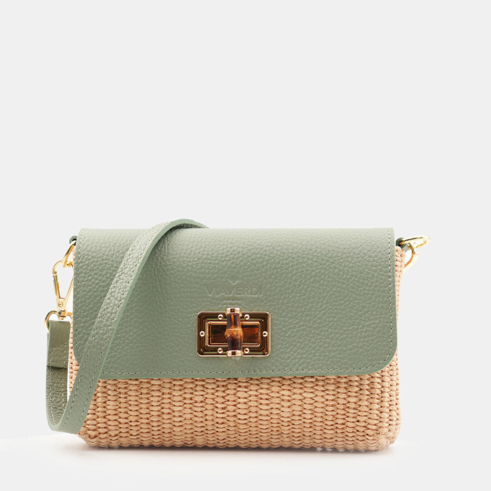 Borsa Clutch a Spalla VIAVERDI in Rafia e Pelle Verde Menta Made in Italy linea Volterra