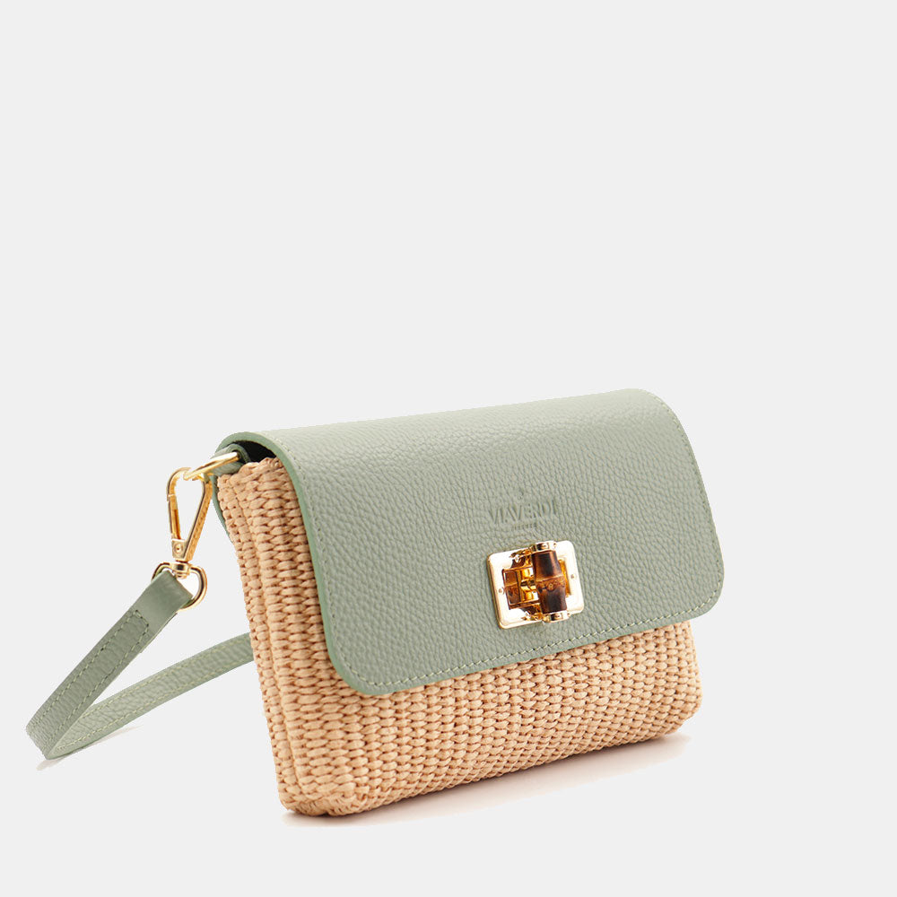 Borsa Clutch a Spalla VIAVERDI in Rafia e Pelle Verde Menta Made in Italy linea Volterra