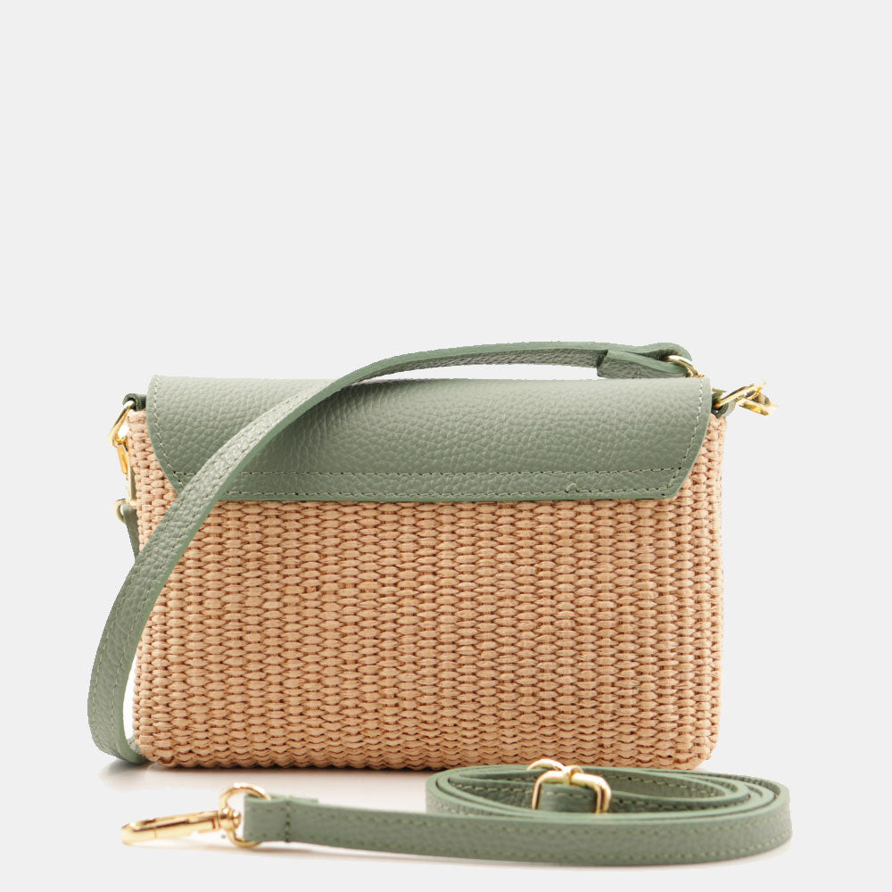 Borsa Clutch a Spalla VIAVERDI in Rafia e Pelle Verde Menta Made in Italy linea Volterra