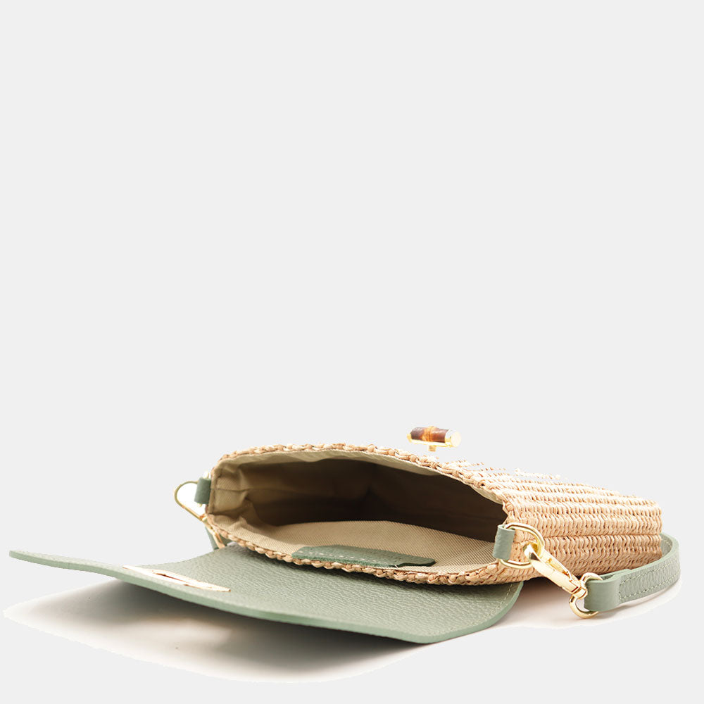 Borsa Clutch a Spalla VIAVERDI in Rafia e Pelle Verde Menta Made in Italy linea Volterra