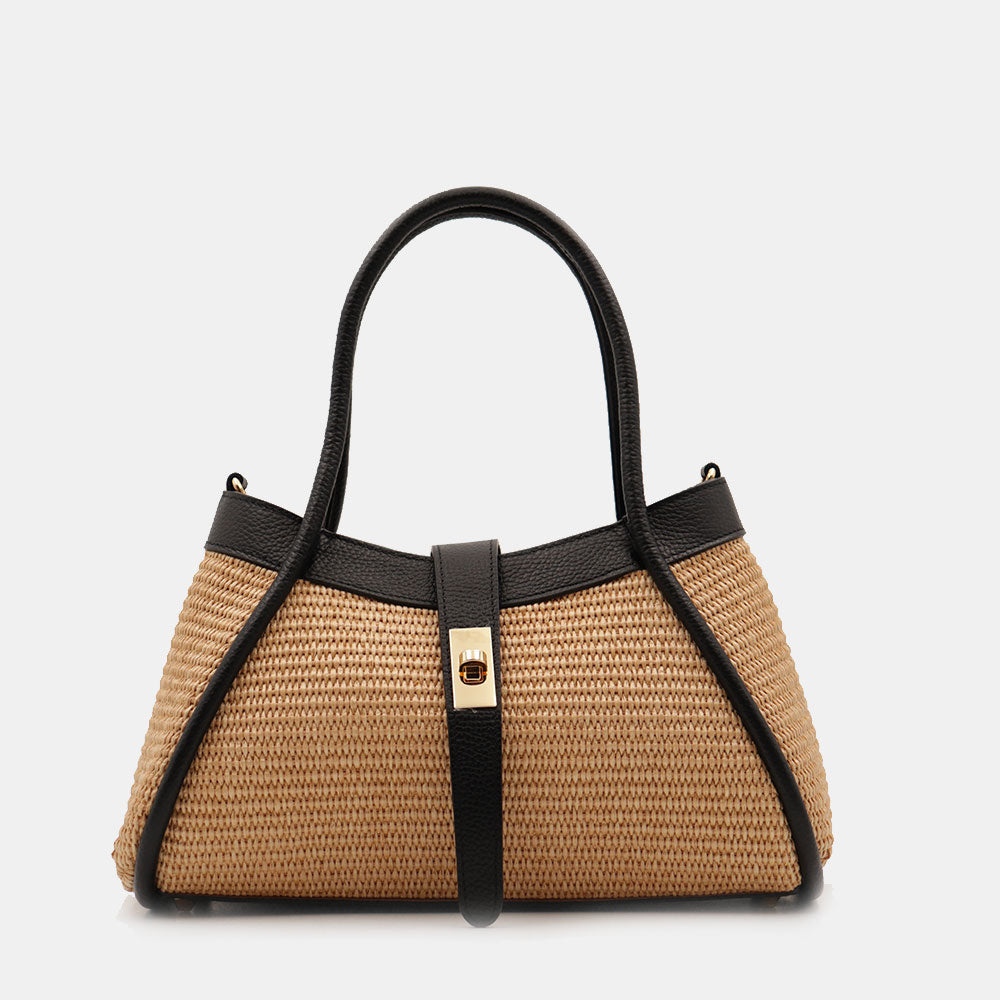 Borsa Donna a Mano VIAVERDI in Rafia e Pelle Nera Made in Italy linea Cortona