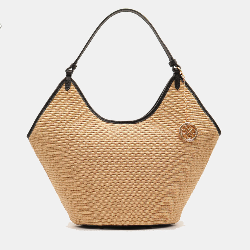 Borsa Donna a Spalla Grande VIAVERDI in Rafia e Pelle Nera Made in Italy linea Cortona