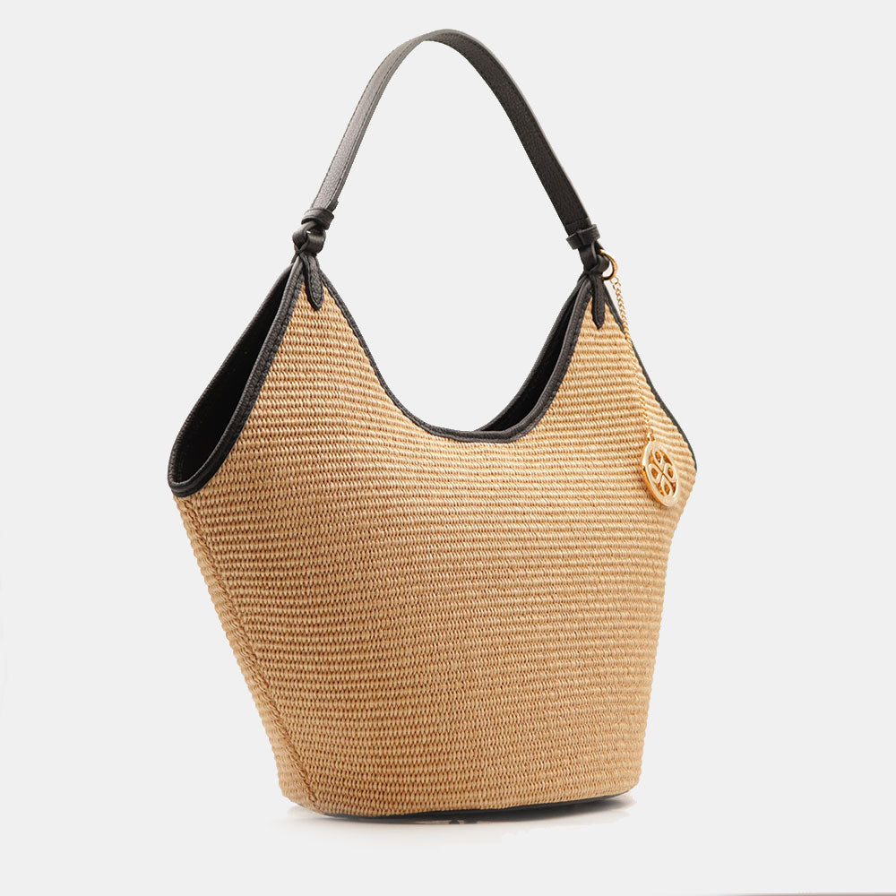 Borsa Donna a Spalla Grande VIAVERDI in Rafia e Pelle Nera Made in Italy linea Cortona