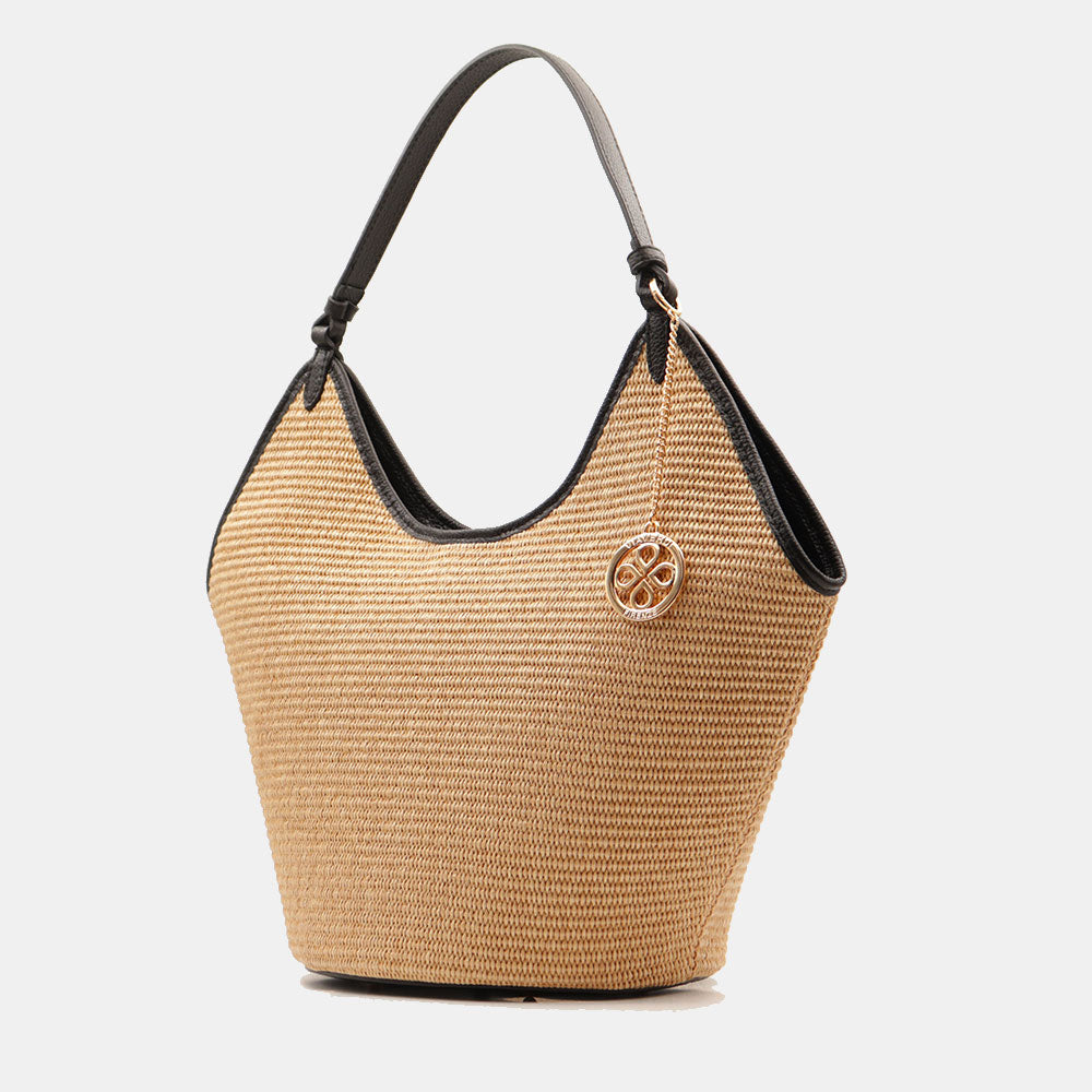 Borsa Donna a Spalla Grande VIAVERDI in Rafia e Pelle Nera Made in Italy linea Cortona