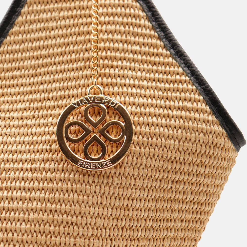 Borsa Donna a Spalla Grande VIAVERDI in Rafia e Pelle Nera Made in Italy linea Cortona