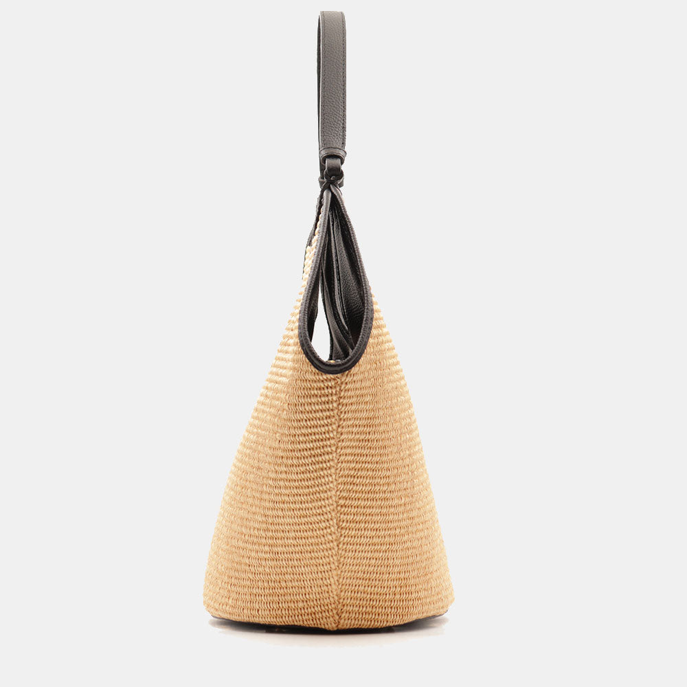 Borsa Donna a Spalla Grande VIAVERDI in Rafia e Pelle Nera Made in Italy linea Cortona