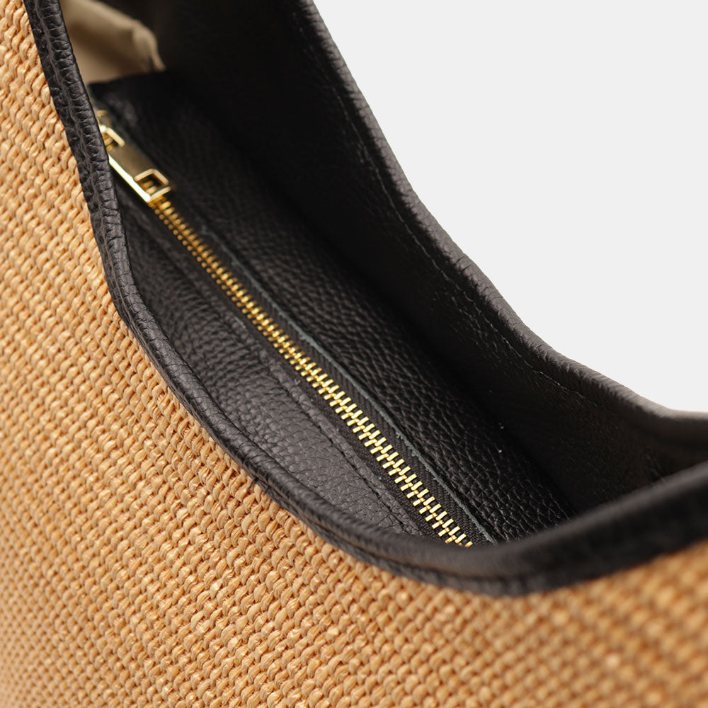 Borsa Donna a Spalla Grande VIAVERDI in Rafia e Pelle Nera Made in Italy linea Cortona
