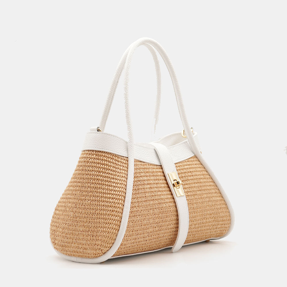 Borsa Donna a Mano VIAVERDI in Rafia e Pelle Bianca Made in Italy linea Cortona