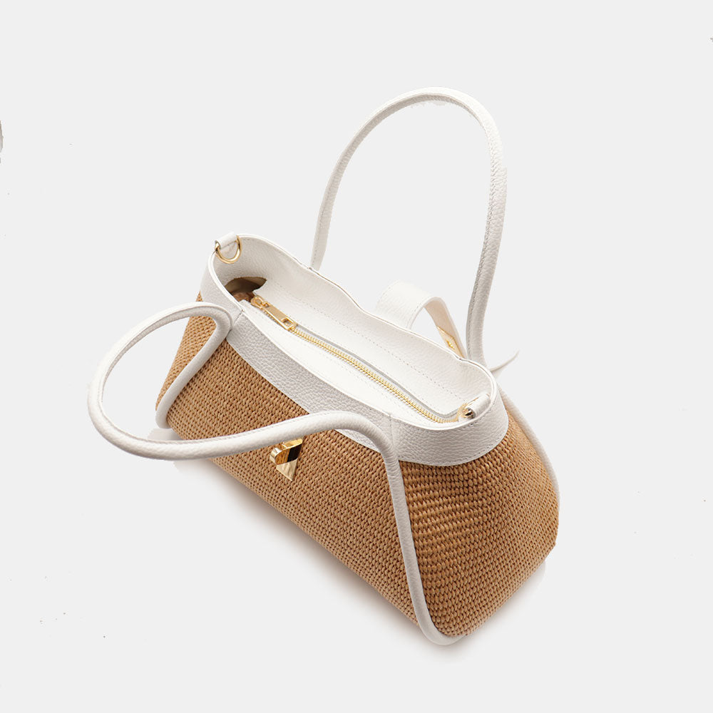 Borsa Donna a Mano VIAVERDI in Rafia e Pelle Bianca Made in Italy linea Cortona