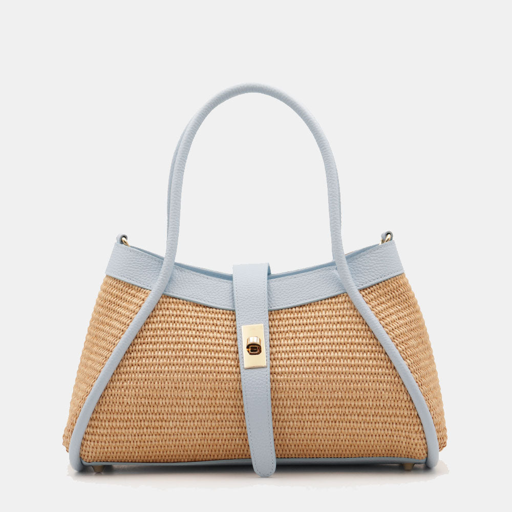 Borsa Donna a Mano VIAVERDI in Rafia e Pelle Celeste Made in Italy linea Cortona