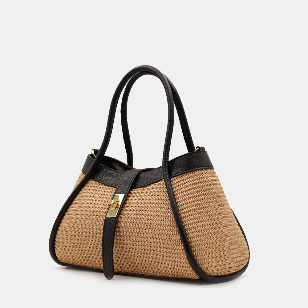 Borsa Donna a Mano VIAVERDI in Rafia e Pelle Nera Made in Italy linea Cortona