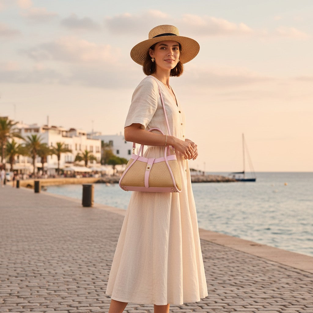 Damen-Handtasche VIAVERDI aus Raphiabast und rosa Leder Made in Italy Linie Cortona