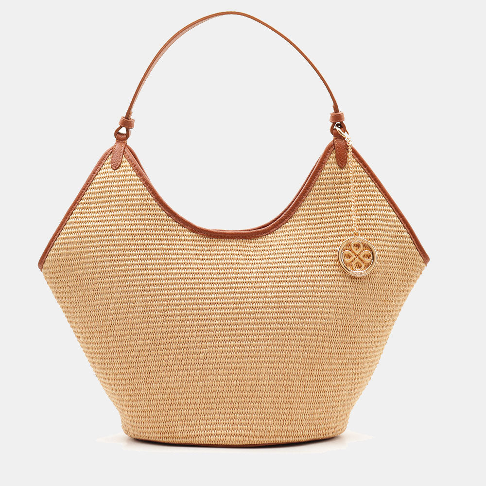 Borsa Donna a Spalla Grande VIAVERDI in Rafia e Pelle Cuoio Made in Italy linea Cortona