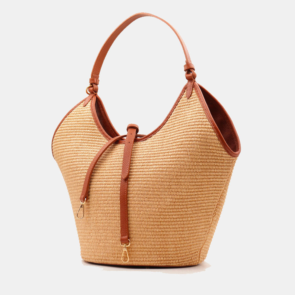 Borsa Donna a Spalla Grande VIAVERDI in Rafia e Pelle Cuoio Made in Italy linea Cortona