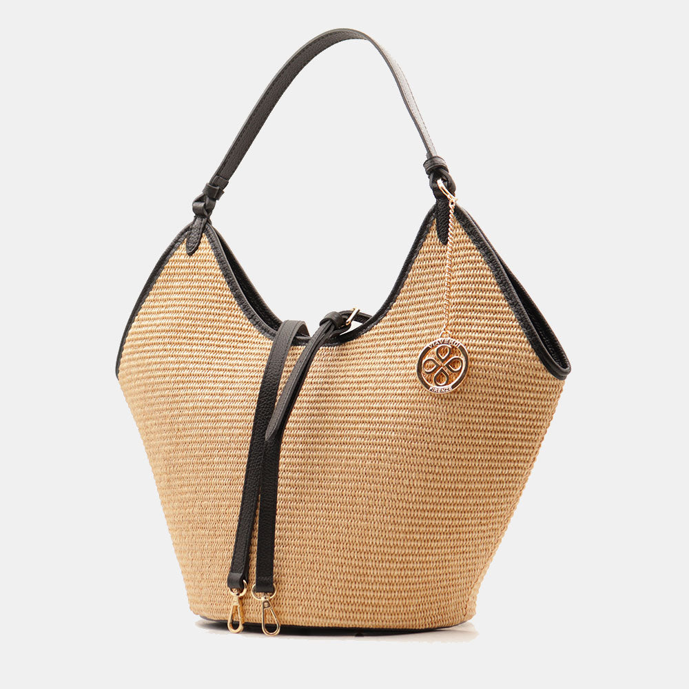 Borsa Donna a Spalla Grande VIAVERDI in Rafia e Pelle Nera Made in Italy linea Cortona