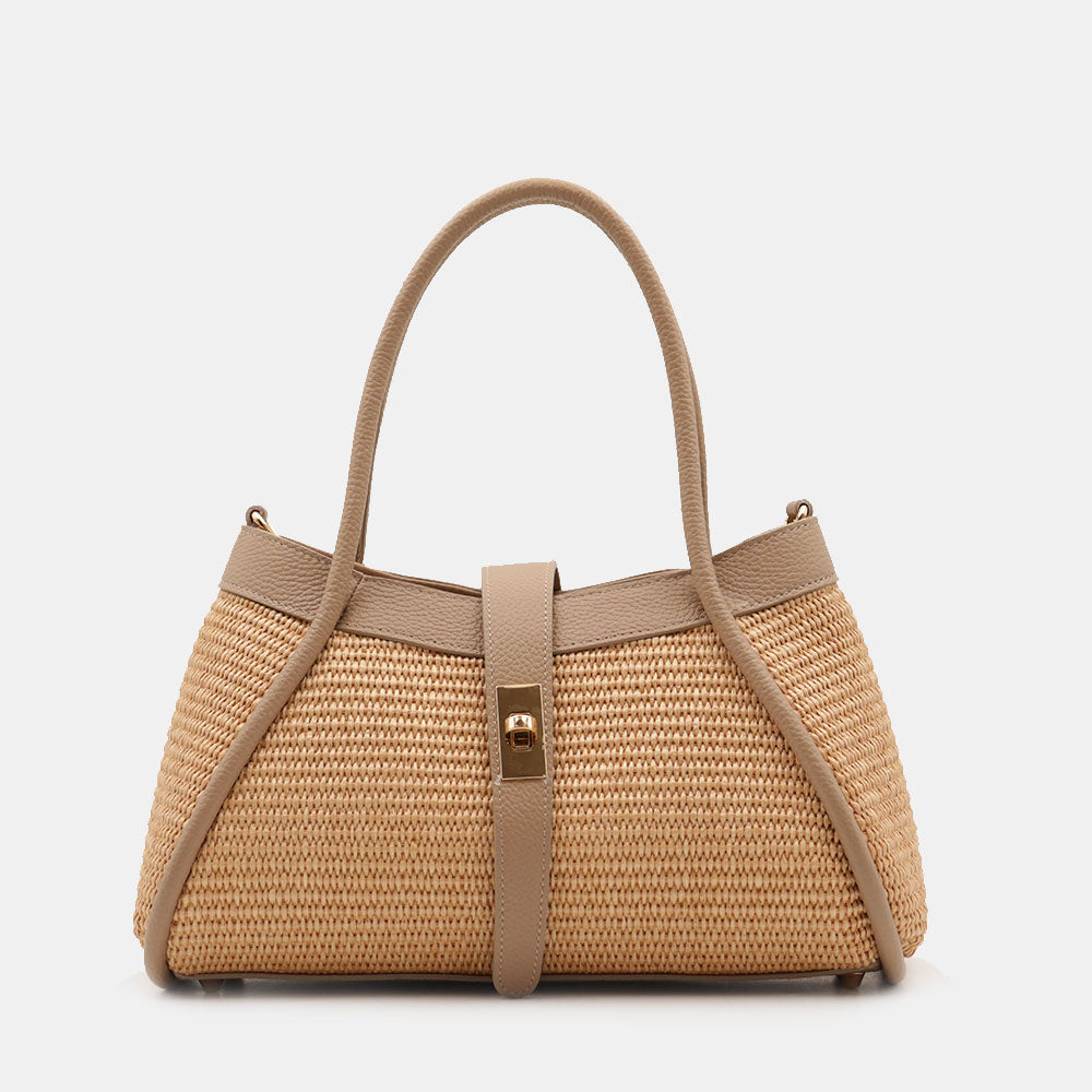 Borsa Donna a Mano VIAVERDI in Rafia e Pelle Taupe Made in Italy linea Cortona