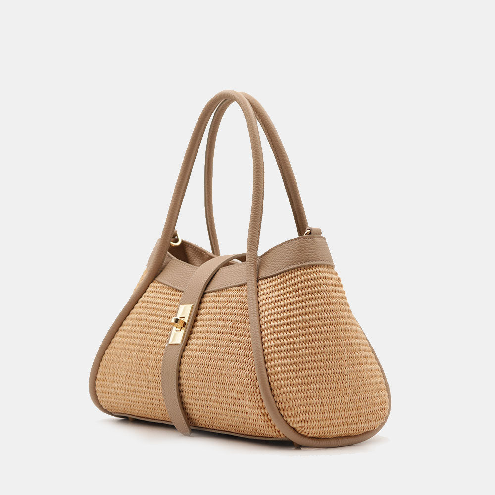 Borsa Donna a Mano VIAVERDI in Rafia e Pelle Taupe Made in Italy linea Cortona