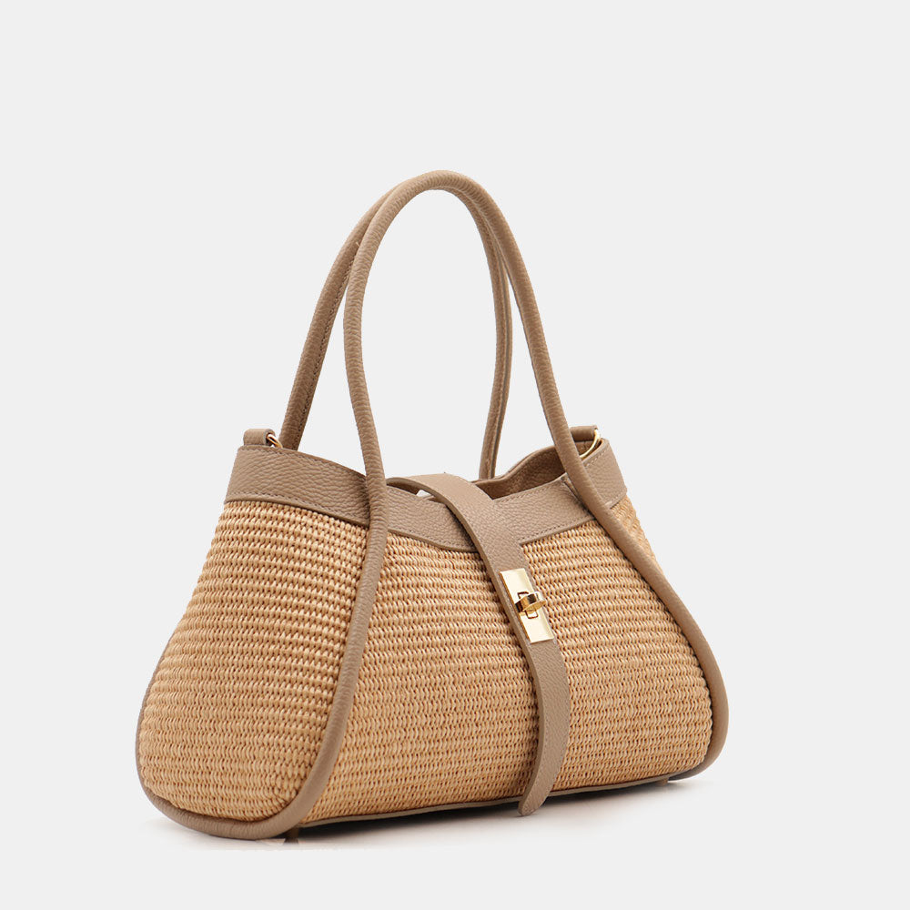 Borsa Donna a Mano VIAVERDI in Rafia e Pelle Taupe Made in Italy linea Cortona