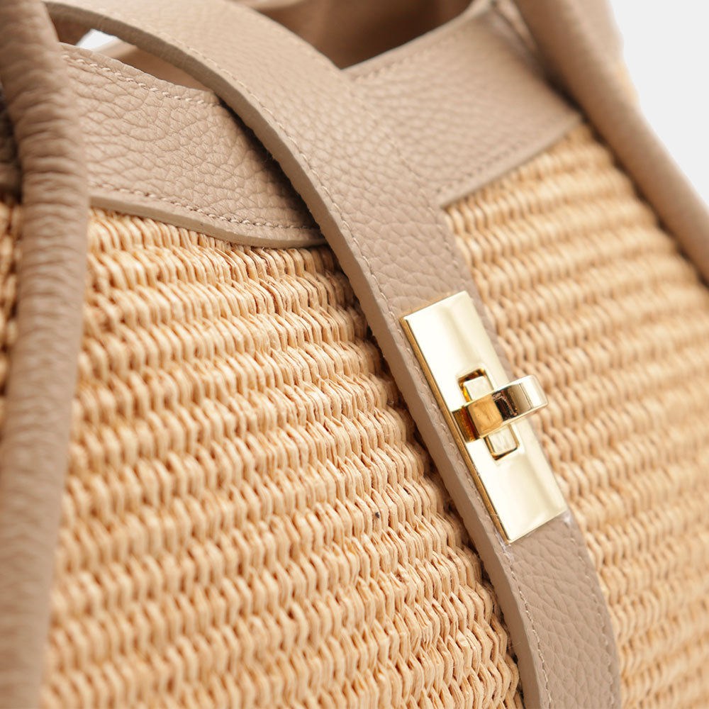 Borsa Donna a Mano VIAVERDI in Rafia e Pelle Taupe Made in Italy linea Cortona