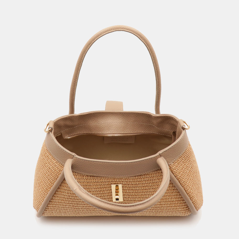 Borsa Donna a Mano VIAVERDI in Rafia e Pelle Taupe Made in Italy linea Cortona