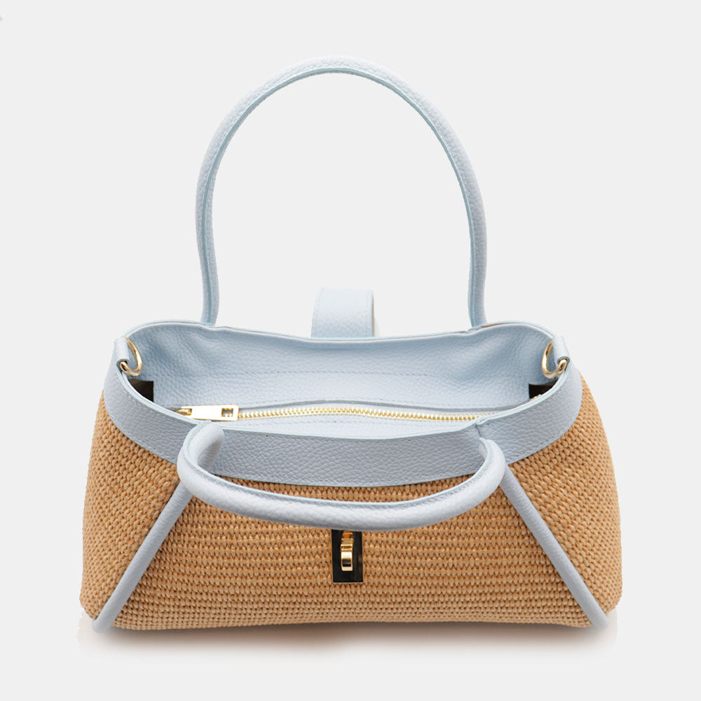 Borsa Donna a Mano VIAVERDI in Rafia e Pelle Celeste Made in Italy linea Cortona